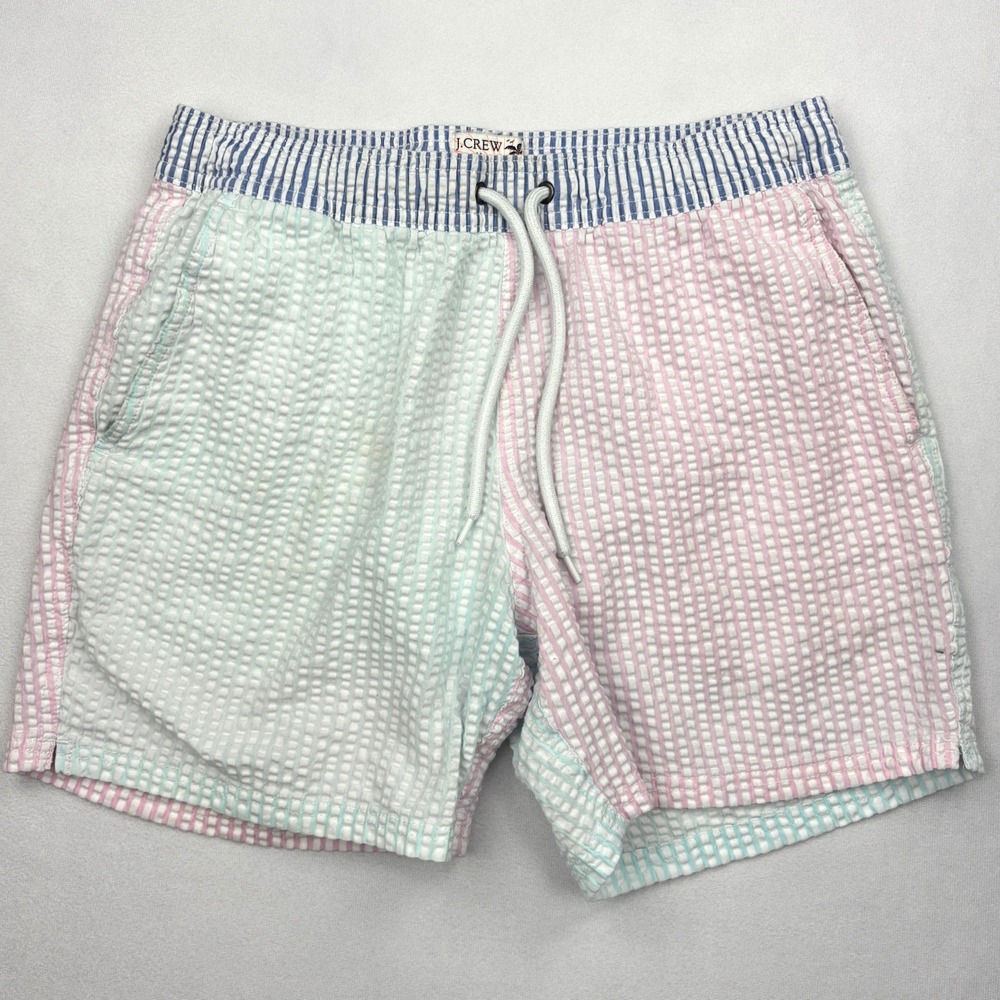 JCrew Mens Medium Colorblock Seersucker Dock Swim Trunks Shorts Pink Mint Blue